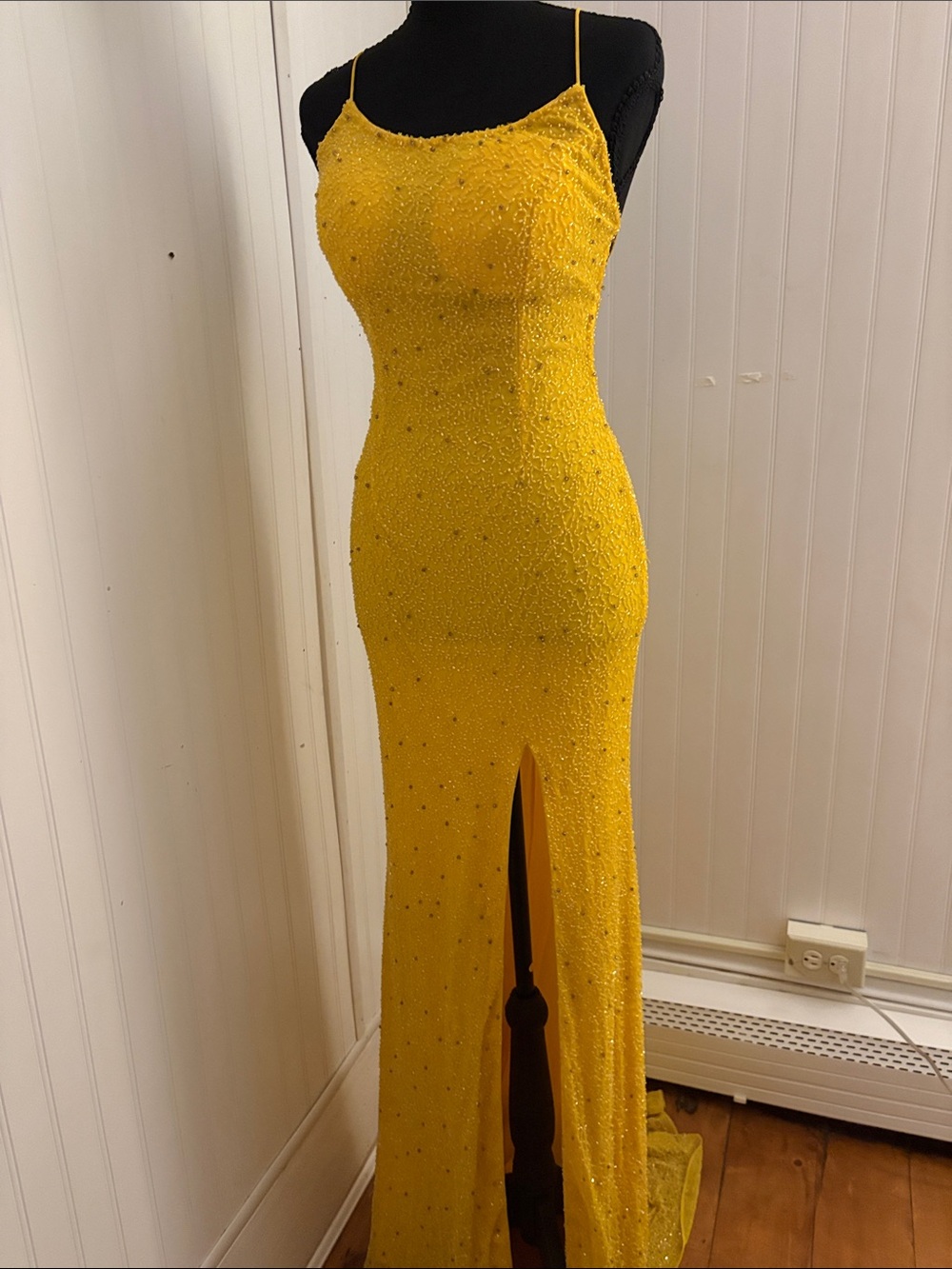 Yellow Beaded Spaghetti-Strap Evening Gown
